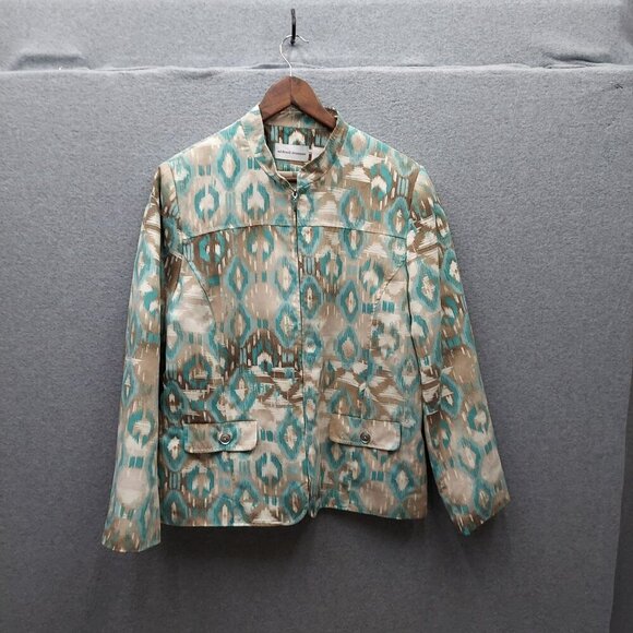 Alfred Dunner Womens Ikat Print Jacket Size 14 Beige & Teal 100% Polyester Light - Picture 1 of 3